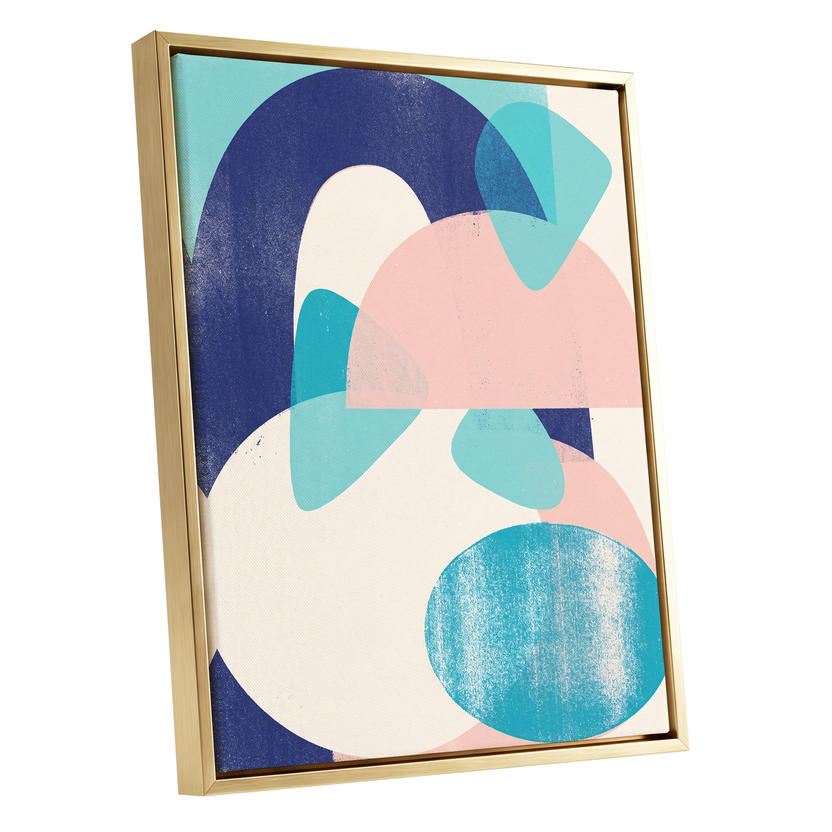 Tidal Archways, blue, pink, beige abstract wall art shown as a gold framed canvas wall art