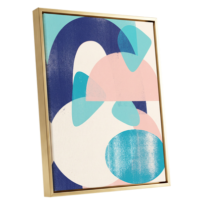 Tidal Archways, blue, pink, beige abstract wall art shown as a gold framed canvas wall art