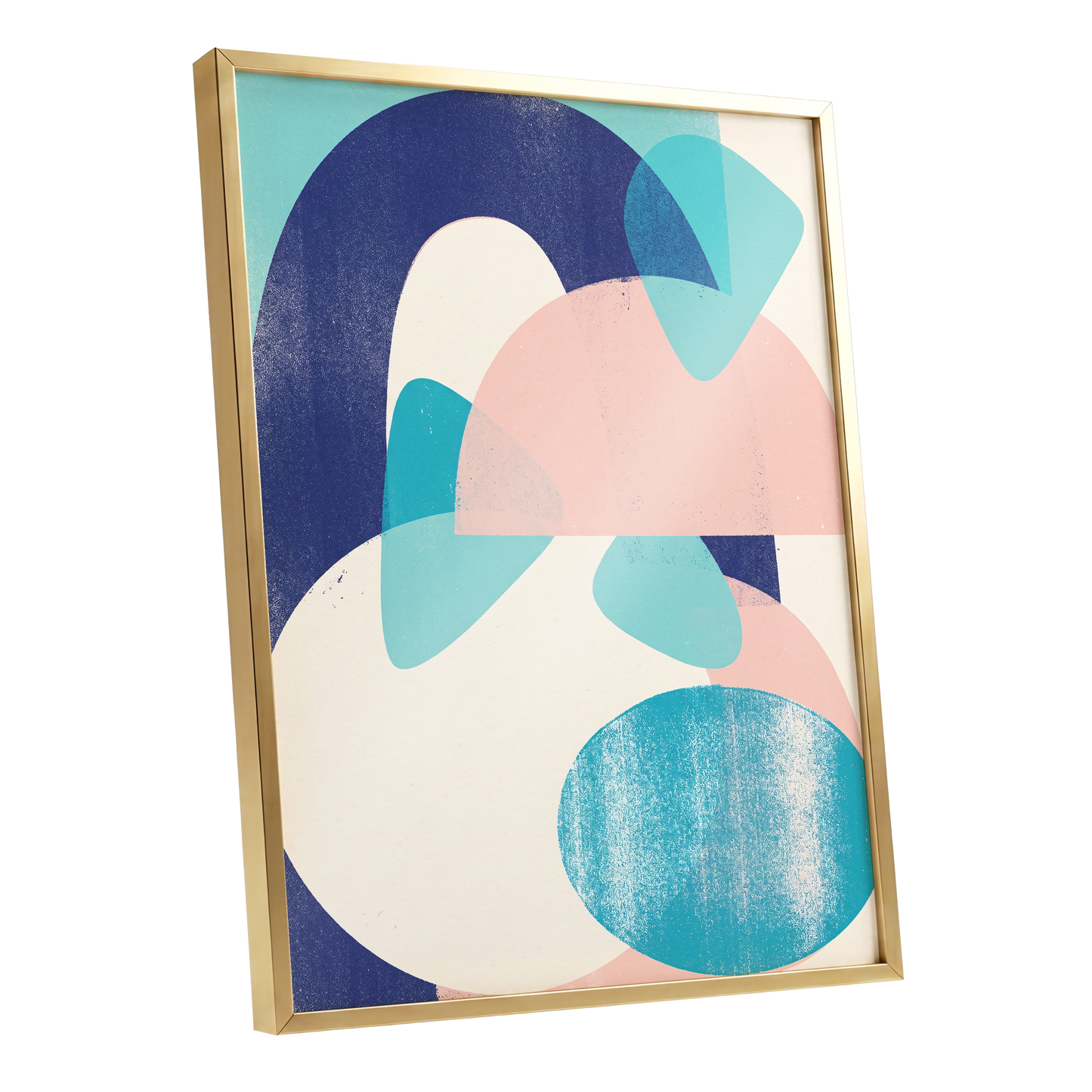 Tidal Archways, blue, pink, beige abstract wall art shown as a gold framed poster wall art print