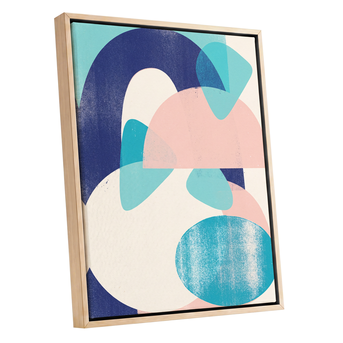Tidal Archways, blue, pink, beige abstract wall art shown as a oak framed canvas wall art