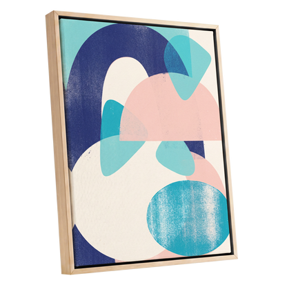 Tidal Archways, blue, pink, beige abstract wall art shown as a oak framed canvas wall art