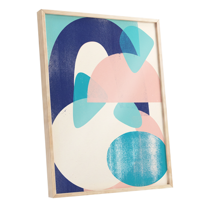 Tidal Archways, blue, pink, beige abstract wall art shown as a oak framed poster wall art print