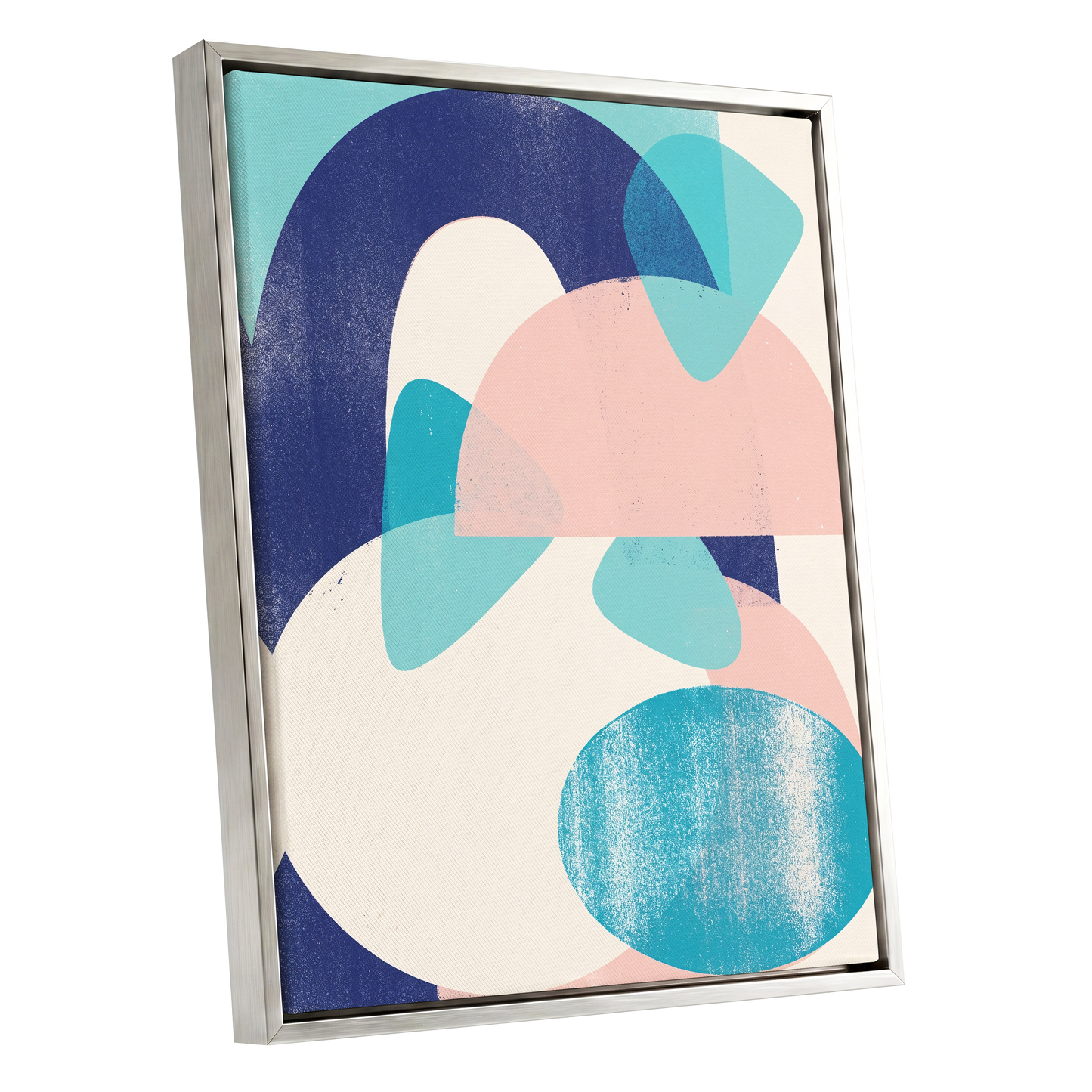 Tidal Archways, blue, pink, beige abstract wall art shown as a silver framed canvas wall art