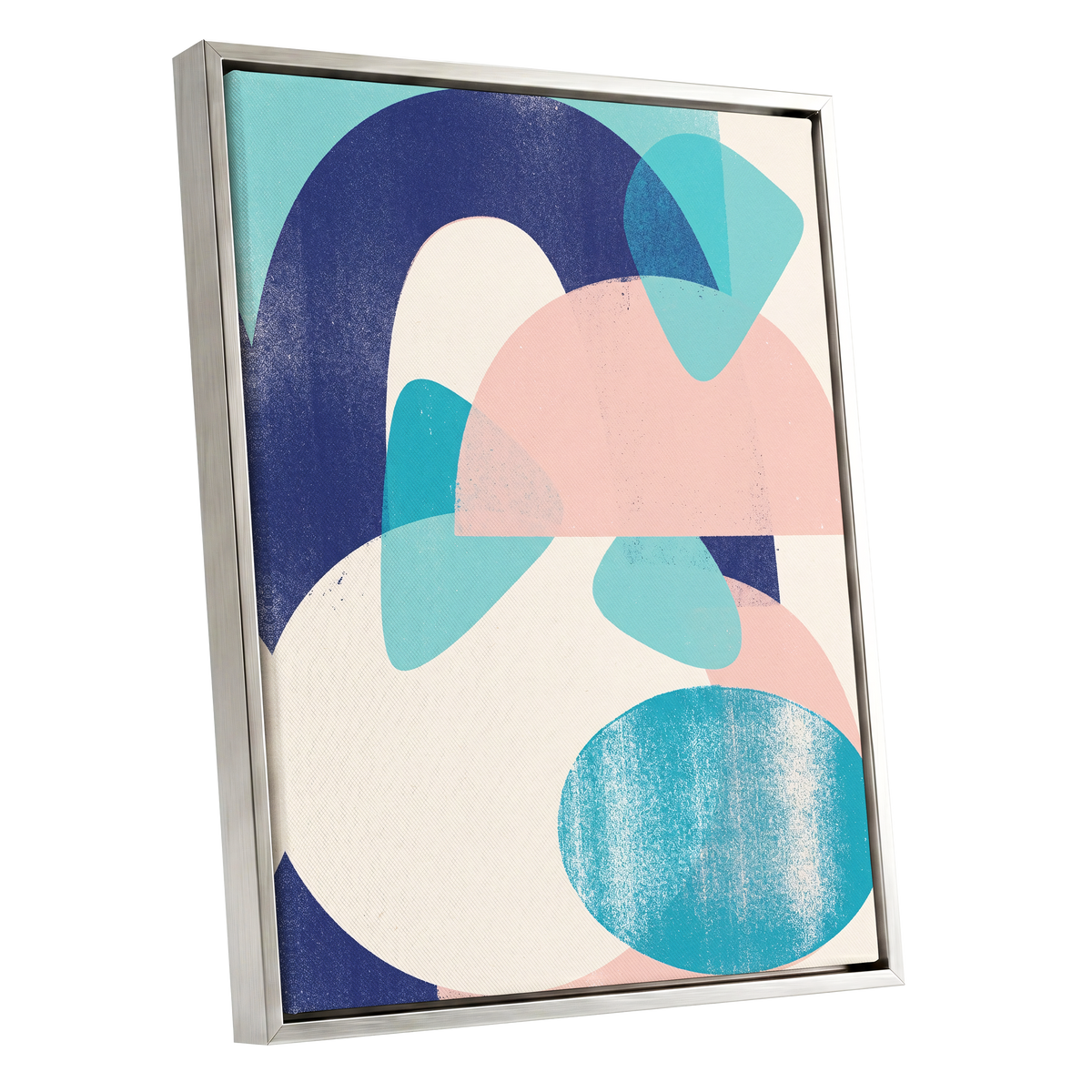 Tidal Archways, blue, pink, beige abstract wall art shown as a silver framed canvas wall art