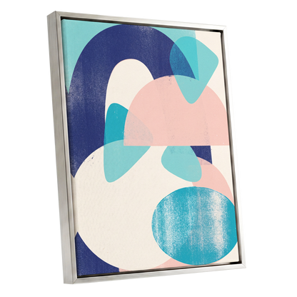 Tidal Archways, blue, pink, beige abstract wall art shown as a silver framed canvas wall art