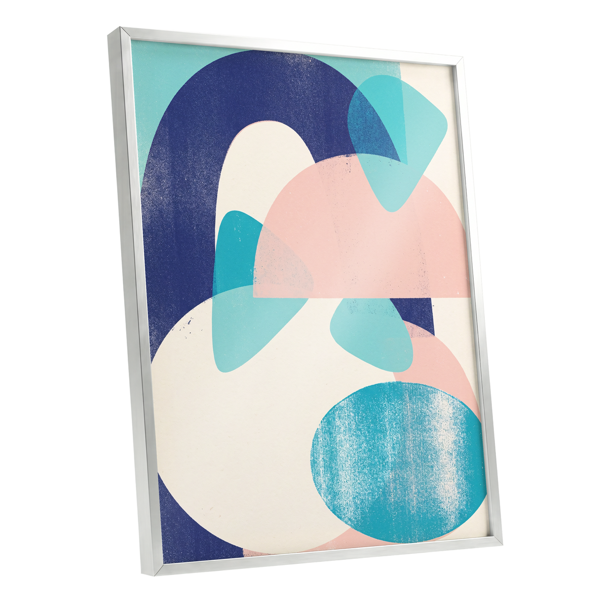 Tidal Archways, blue, pink, beige abstract wall art shown as a silver framed poster wall art print
