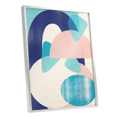 Tidal Archways, blue, pink, beige abstract wall art shown as a silver framed poster wall art print