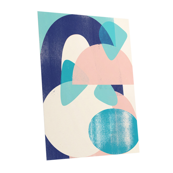Tidal Archways, blue, pink, beige abstract wall art shown as a unframed poster wall art print