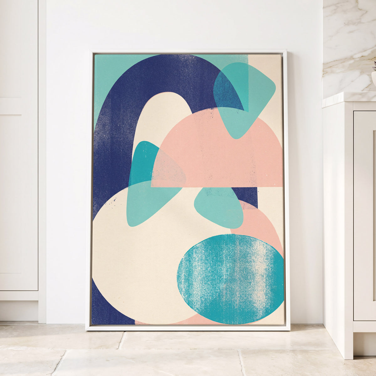 Tidal Archways, blue, pink, beige abstract wall art displayed in a styled interior, gallery view 1