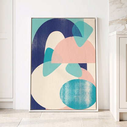 Tidal Archways, blue, pink, beige abstract wall art displayed in a styled interior, gallery view 1