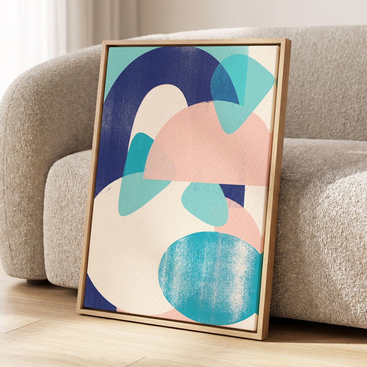 Tidal Archways, blue, pink, beige abstract wall art displayed in a styled interior, gallery view 2
