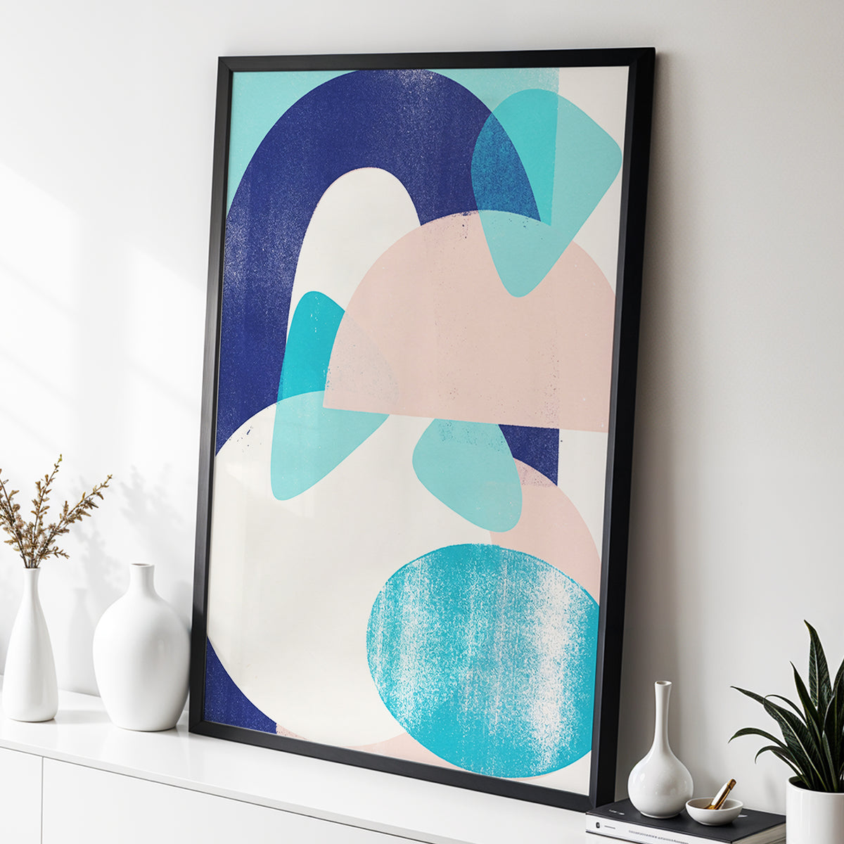 Tidal Archways, blue, pink, beige abstract wall art displayed in a styled interior, gallery view 3
