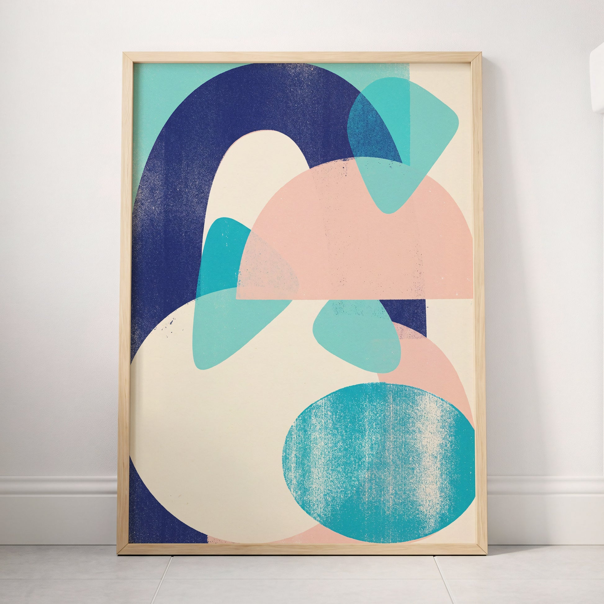 Tidal Archways, blue, pink, beige abstract wall art displayed in a styled interior, gallery view 4