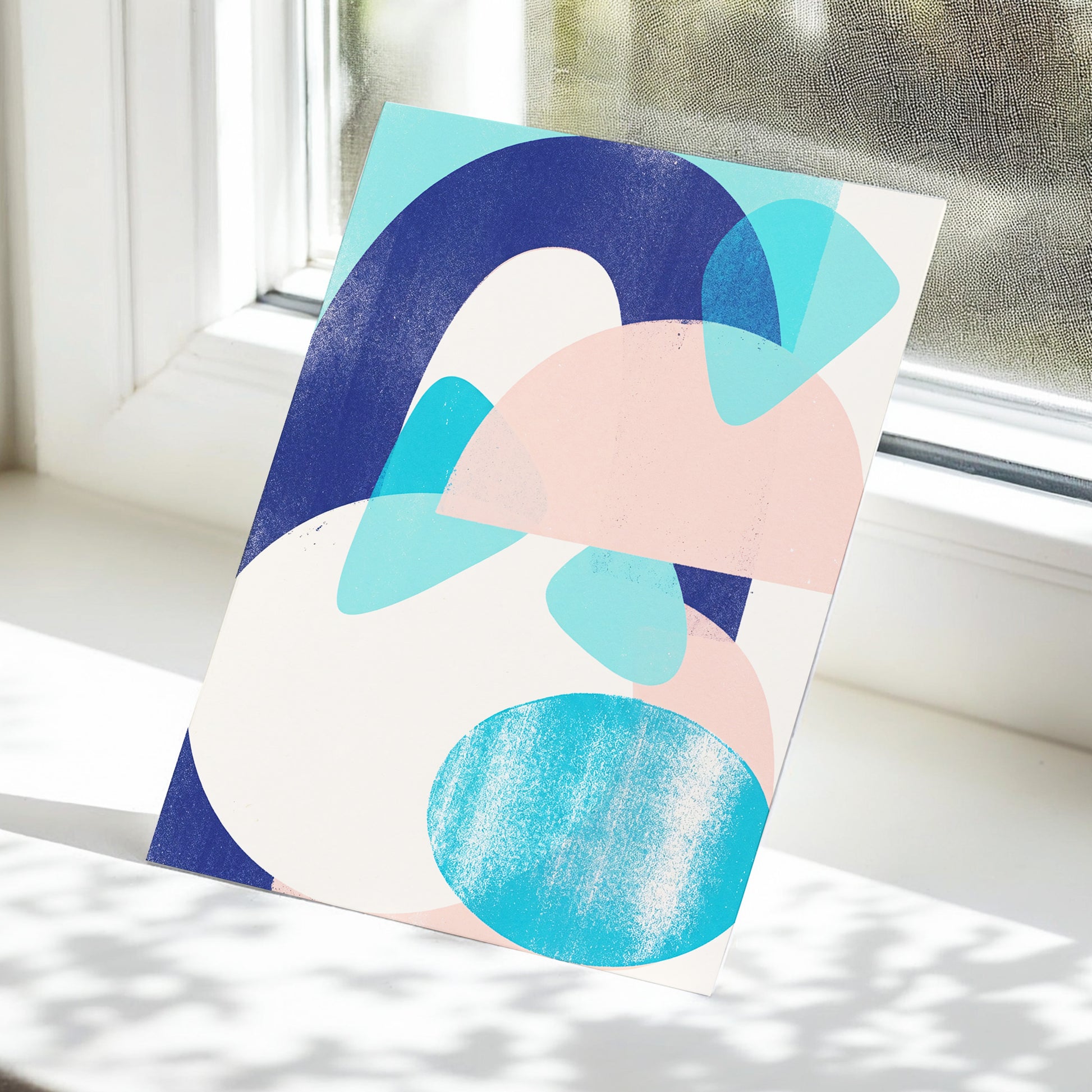 Tidal Archways, blue, pink, beige abstract wall art displayed in a styled interior, gallery view 5