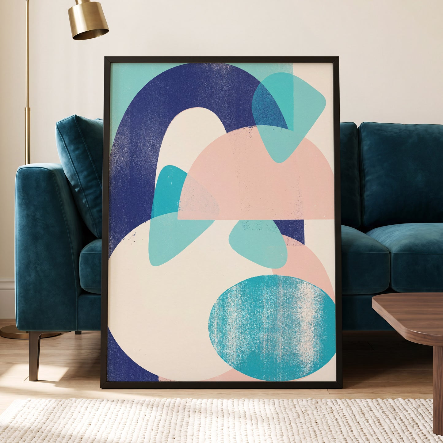 Tidal Archways, blue, pink, beige abstract wall art displayed in a styled interior, gallery view 6