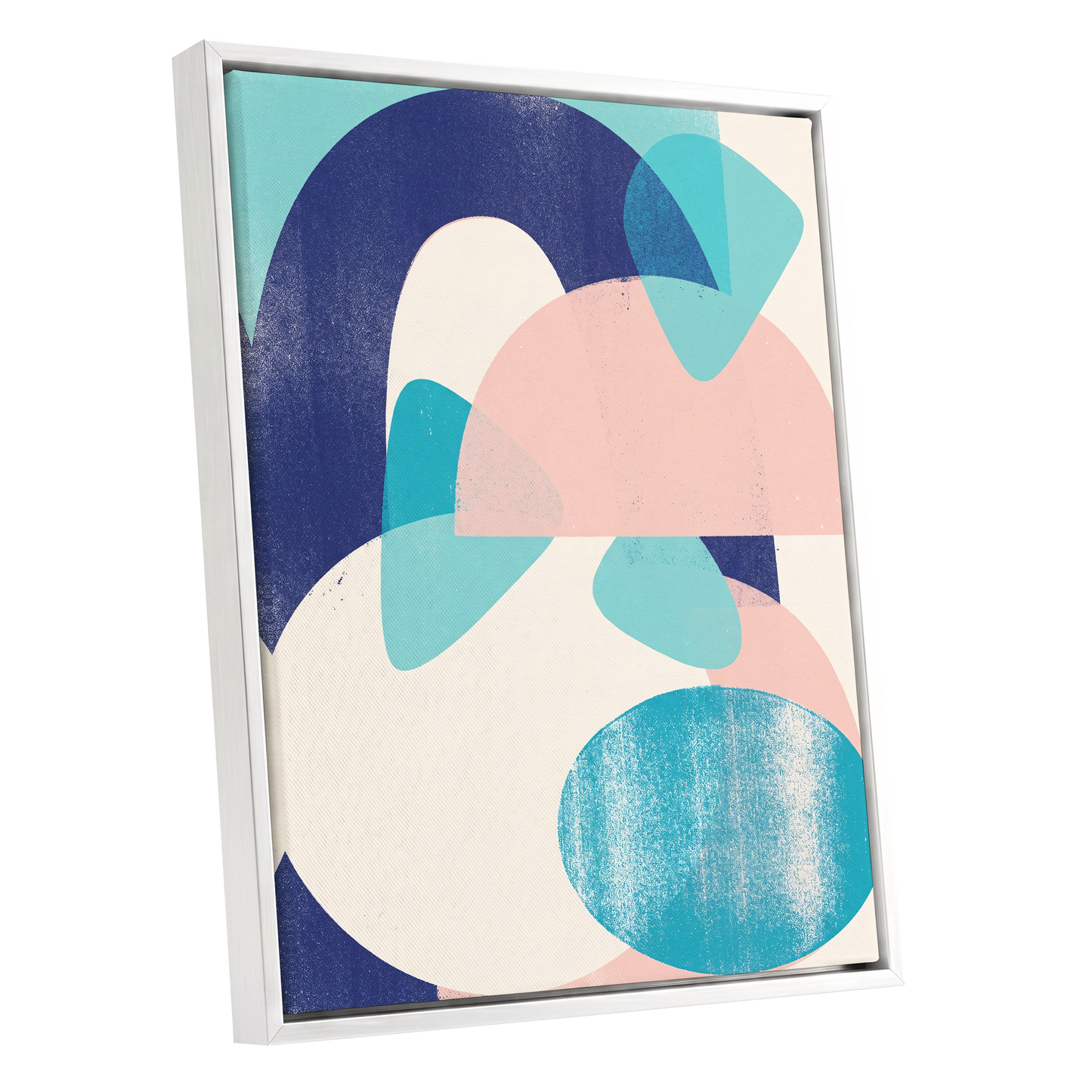 Tidal Archways, blue, pink, beige abstract wall art shown as a white framed canvas wall art
