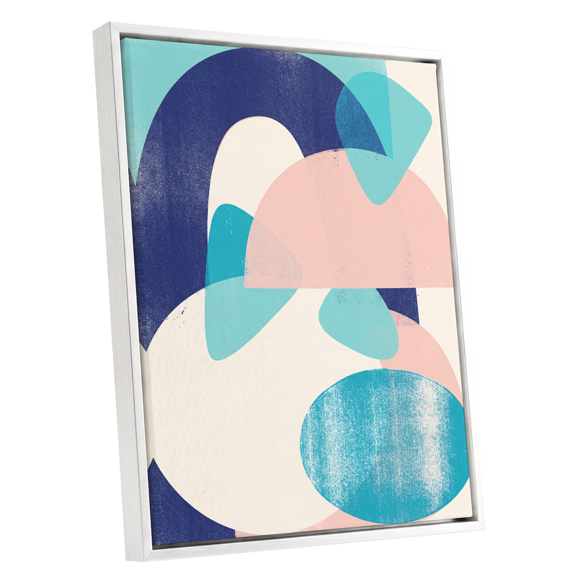 Tidal Archways, blue, pink, beige abstract wall art shown as a white framed canvas wall art