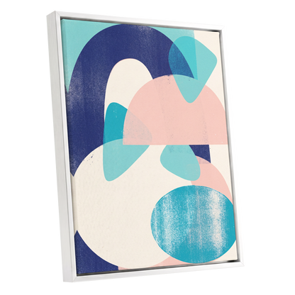 Tidal Archways, blue, pink, beige abstract wall art shown as a white framed canvas wall art