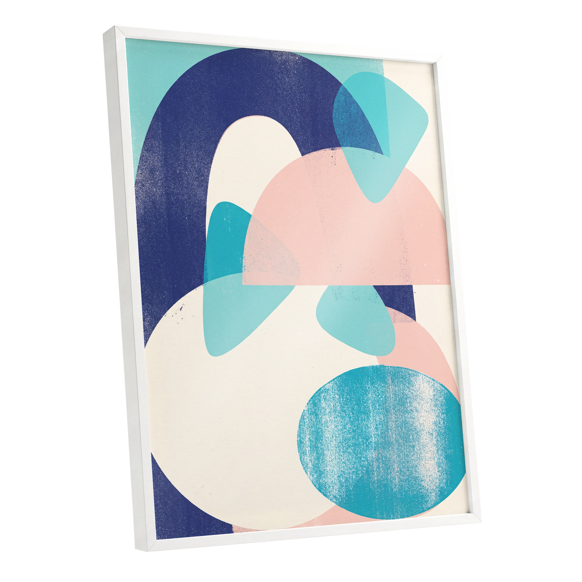 Tidal Archways, blue, pink, beige abstract wall art shown as a white framed poster wall art print