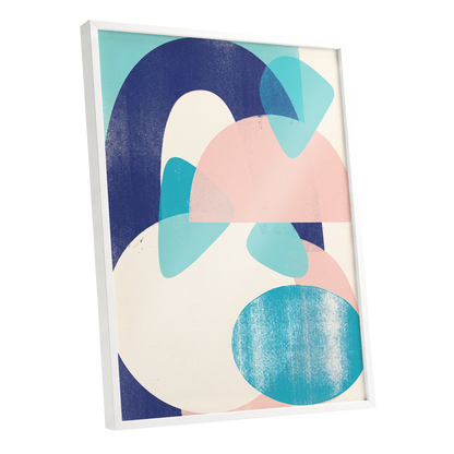 Tidal Archways, blue, pink, beige abstract wall art shown as a white framed poster wall art print