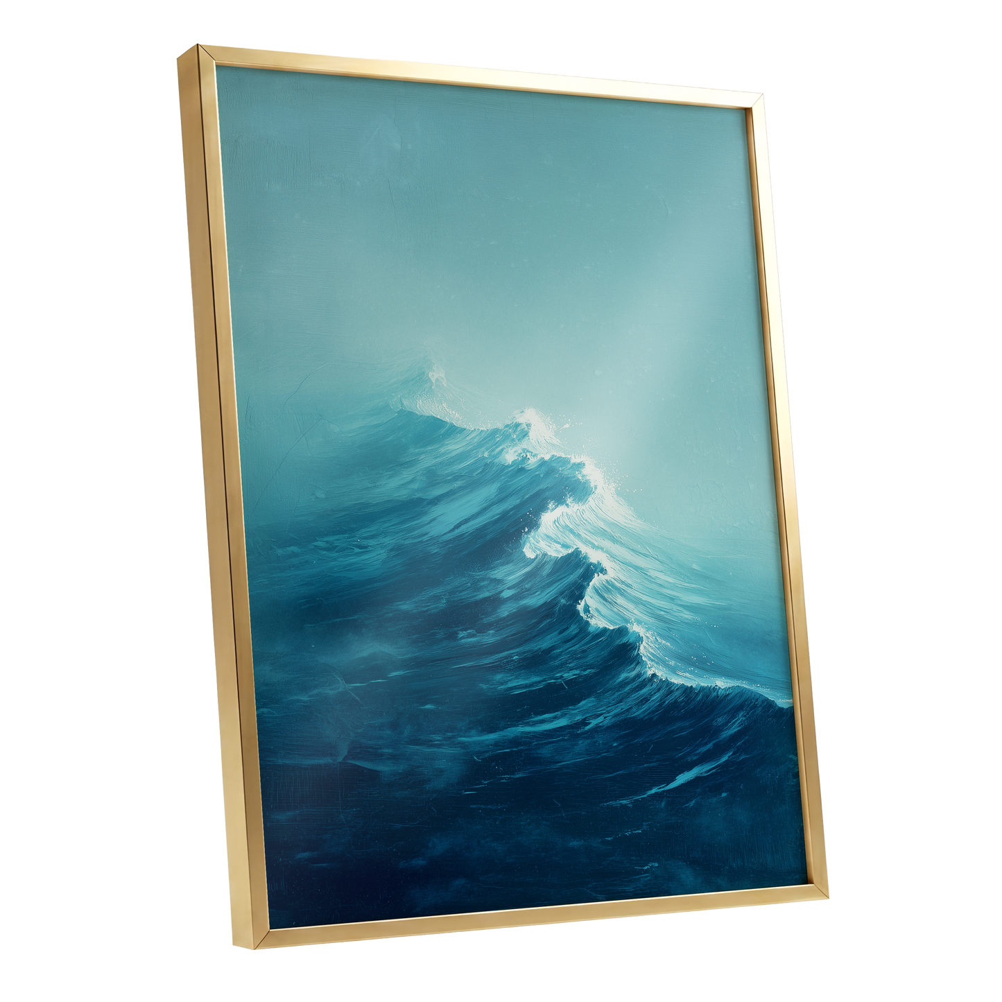 Tidal Ascent, blue, green, white nature wall art shown as a gold framed poster wall art print