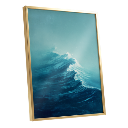 Tidal Ascent, blue, green, white nature wall art shown as a gold framed poster wall art print