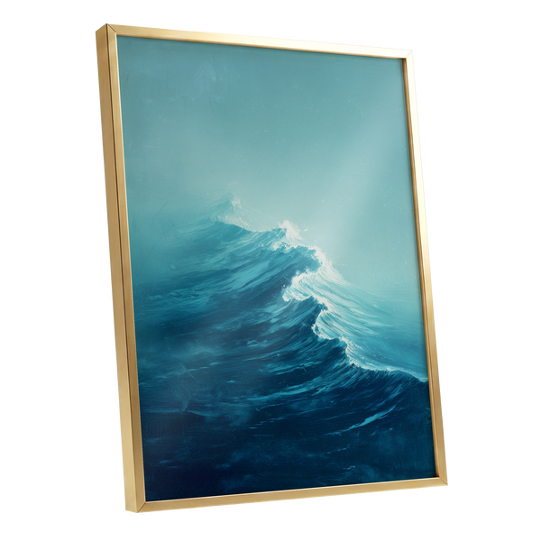 Tidal Ascent, blue, green, white nature wall art shown as a gold framed poster wall art print