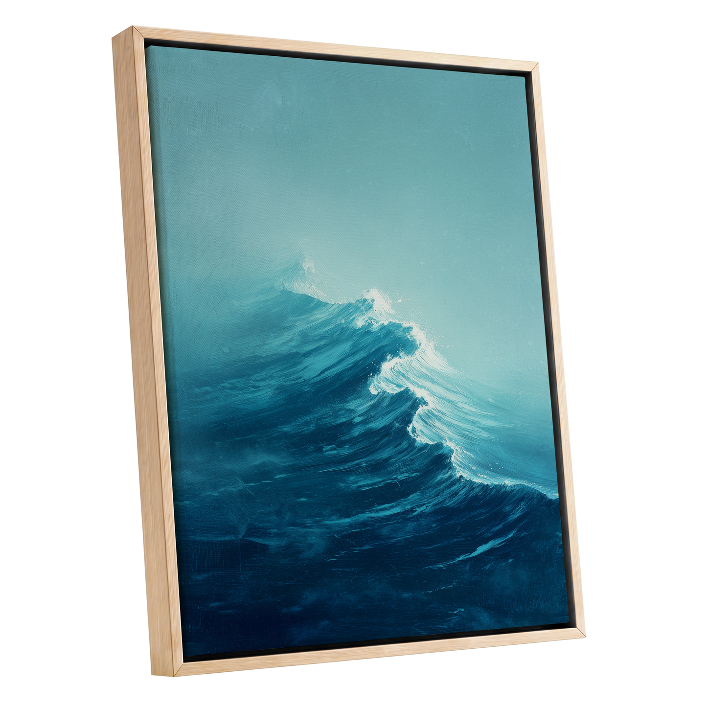 Tidal Ascent, blue, green, white nature wall art shown as a oak framed canvas wall art