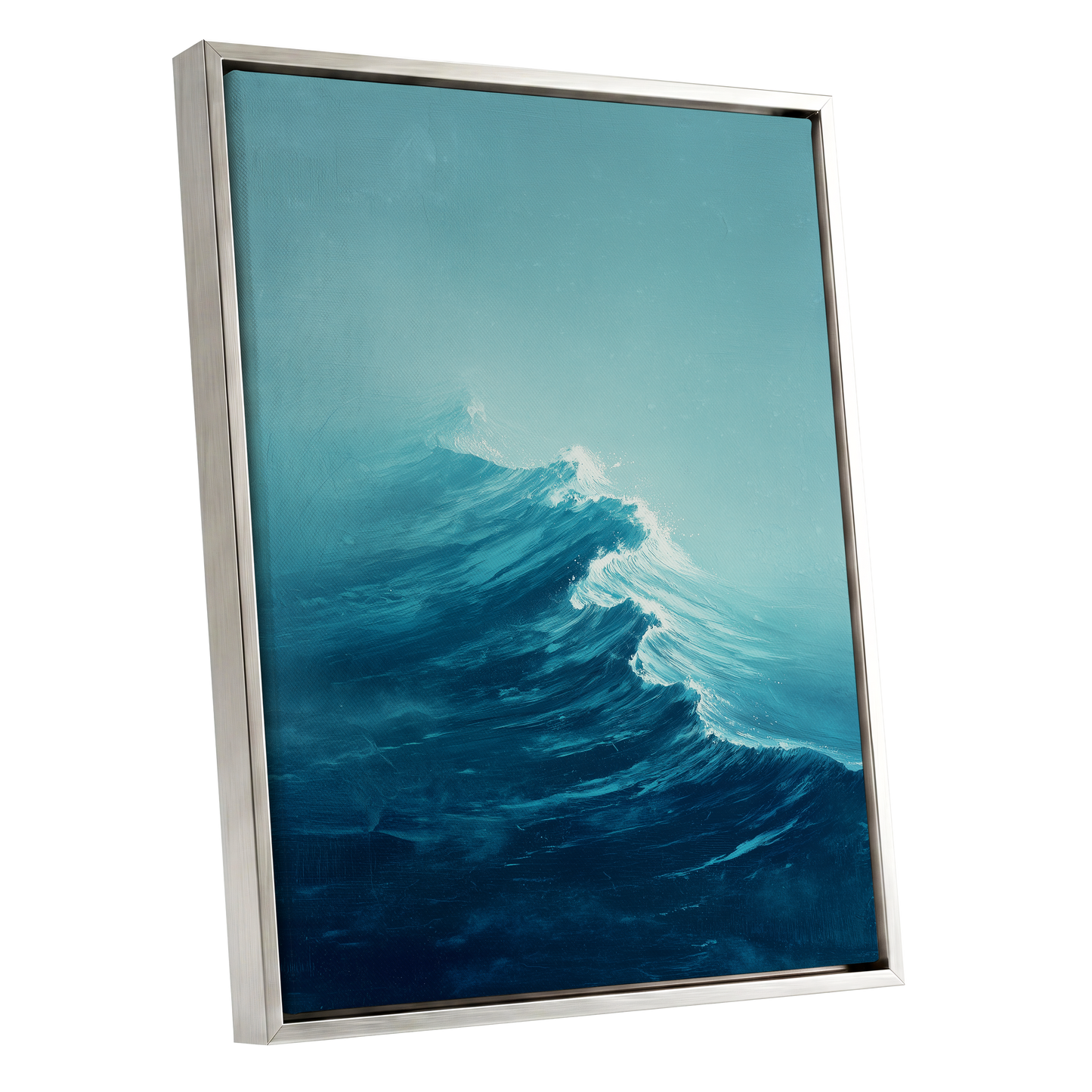 Tidal Ascent, blue, green, white nature wall art shown as a silver framed canvas wall art