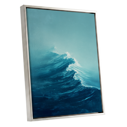 Tidal Ascent, blue, green, white nature wall art shown as a silver framed canvas wall art