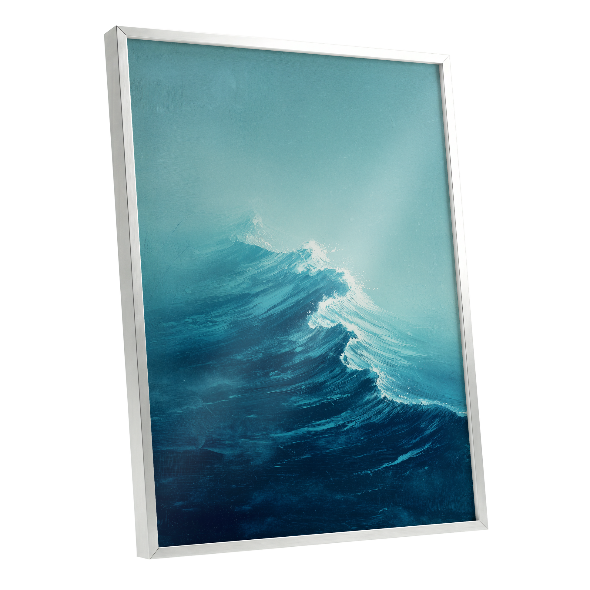 Tidal Ascent, blue, green, white nature wall art shown as a silver framed poster wall art print