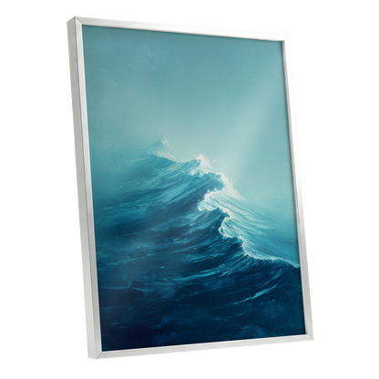 Tidal Ascent, blue, green, white nature wall art shown as a silver framed poster wall art print