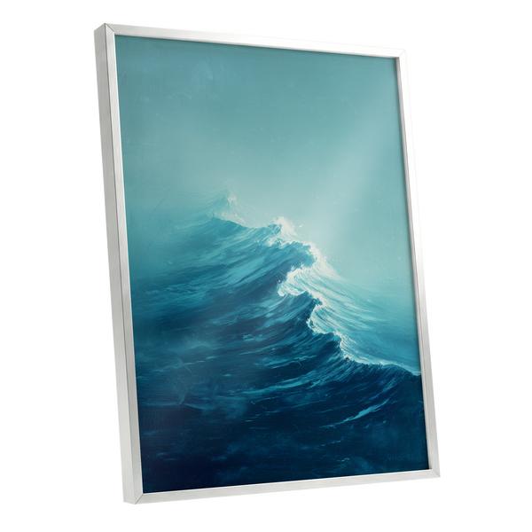 Tidal Ascent, blue, green, white nature wall art shown as a silver framed poster wall art print