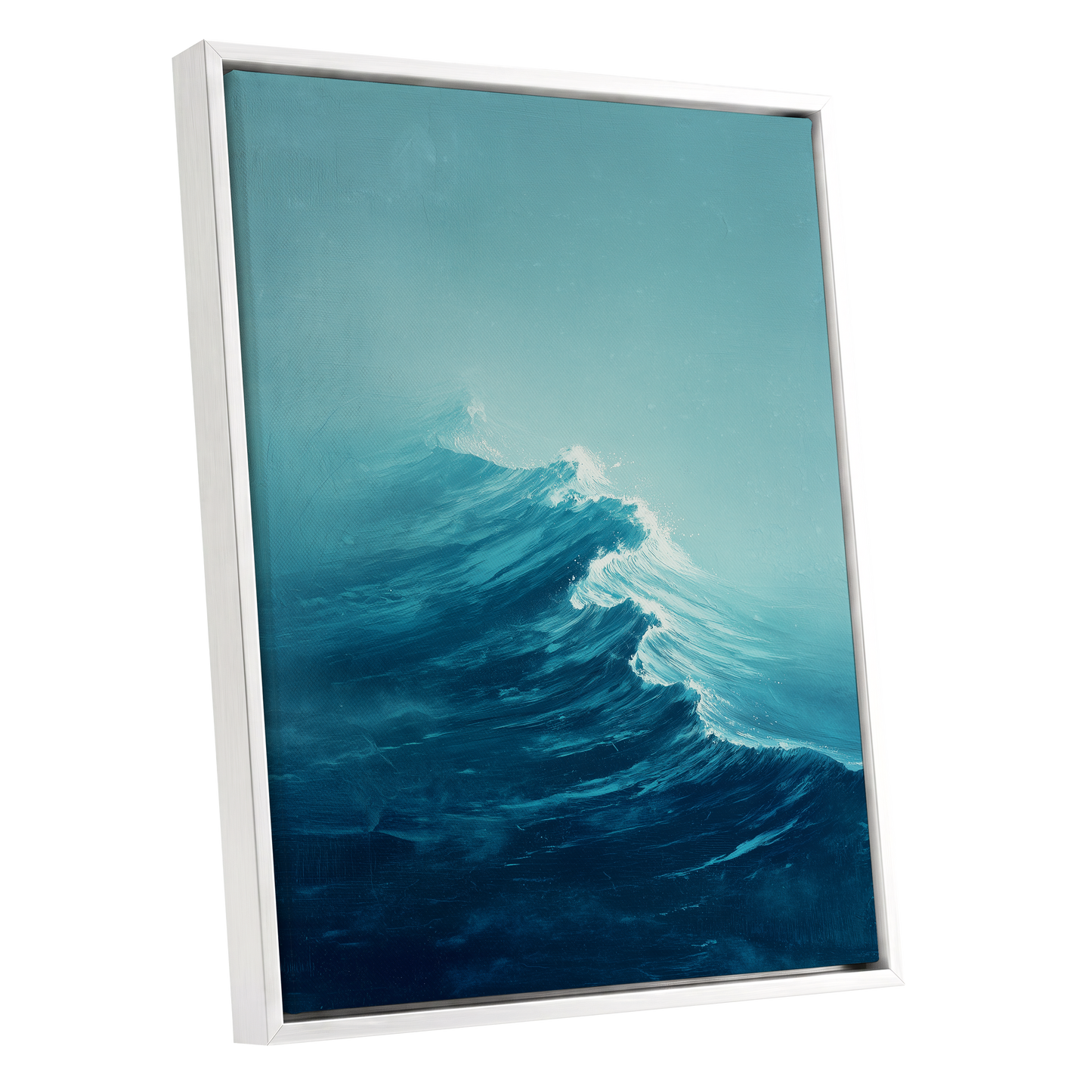 Tidal Ascent, blue, green, white nature wall art shown as a white framed canvas wall art