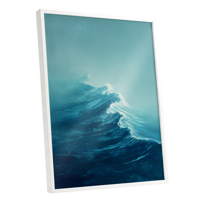 Tidal Ascent, blue, green, white nature wall art shown as a white framed poster wall art print