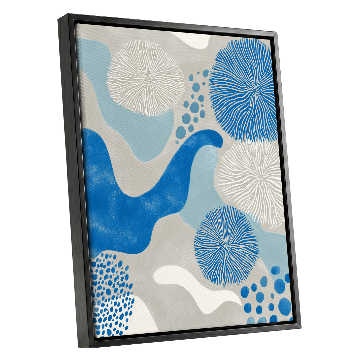 Tidal Bloom, blue, gray, beige nature wall art shown as a black framed canvas wall art