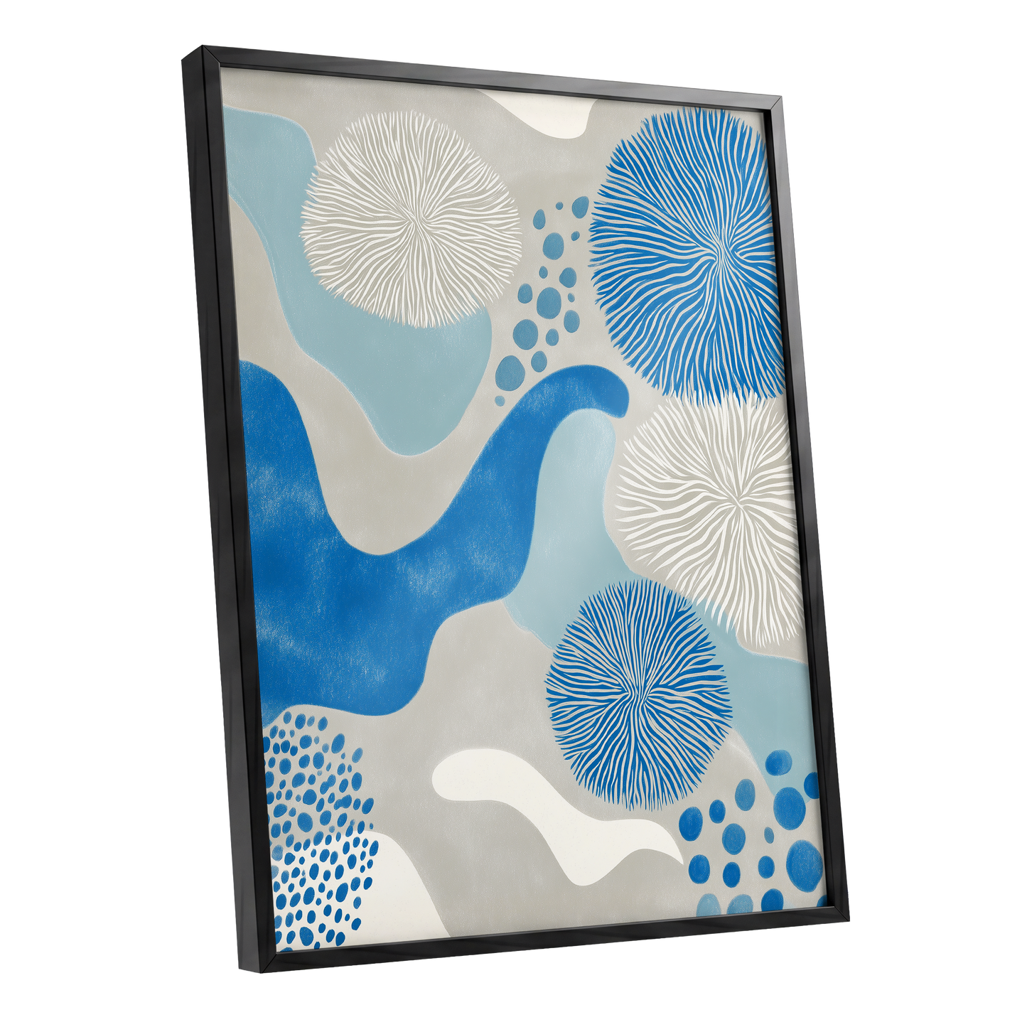 Tidal Bloom, blue, gray, beige nature wall art shown as a black framed poster wall art print