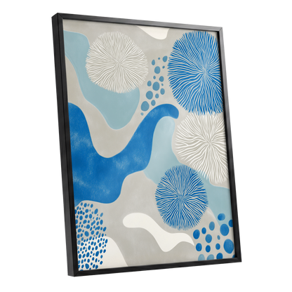 Tidal Bloom, blue, gray, beige nature wall art shown as a black framed poster wall art print