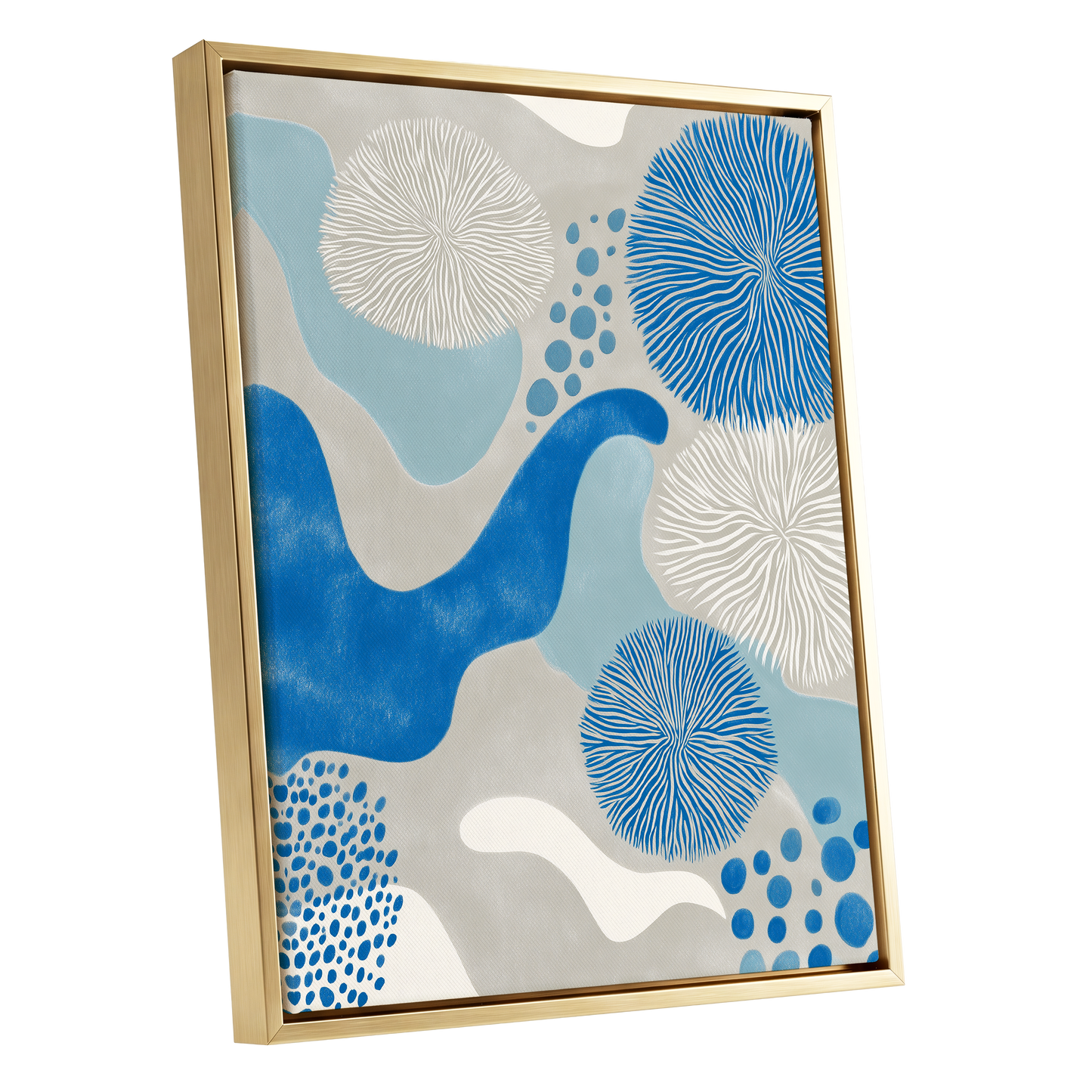 Tidal Bloom, blue, gray, beige nature wall art shown as a gold framed canvas wall art