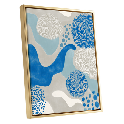 Tidal Bloom, blue, gray, beige nature wall art shown as a gold framed canvas wall art