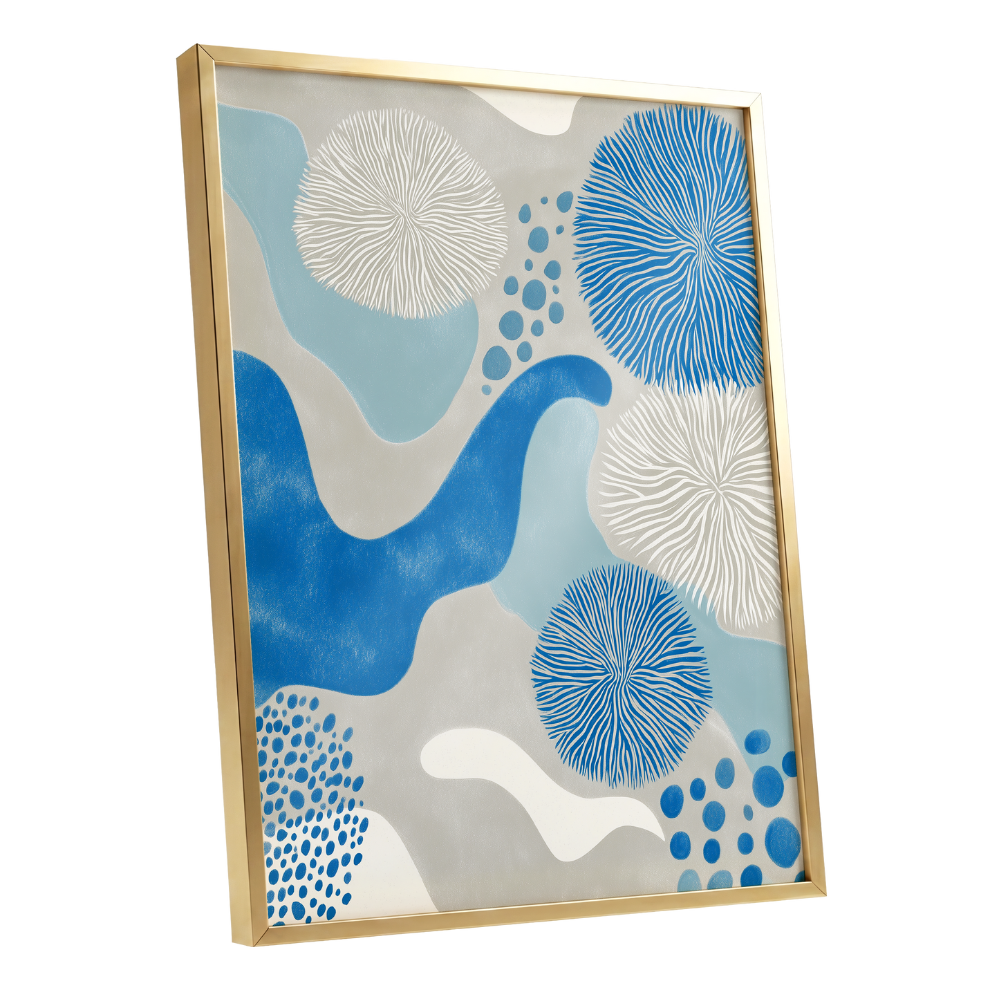 Tidal Bloom, blue, gray, beige nature wall art shown as a gold framed poster wall art print