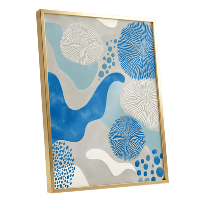 Tidal Bloom, blue, gray, beige nature wall art shown as a gold framed poster wall art print