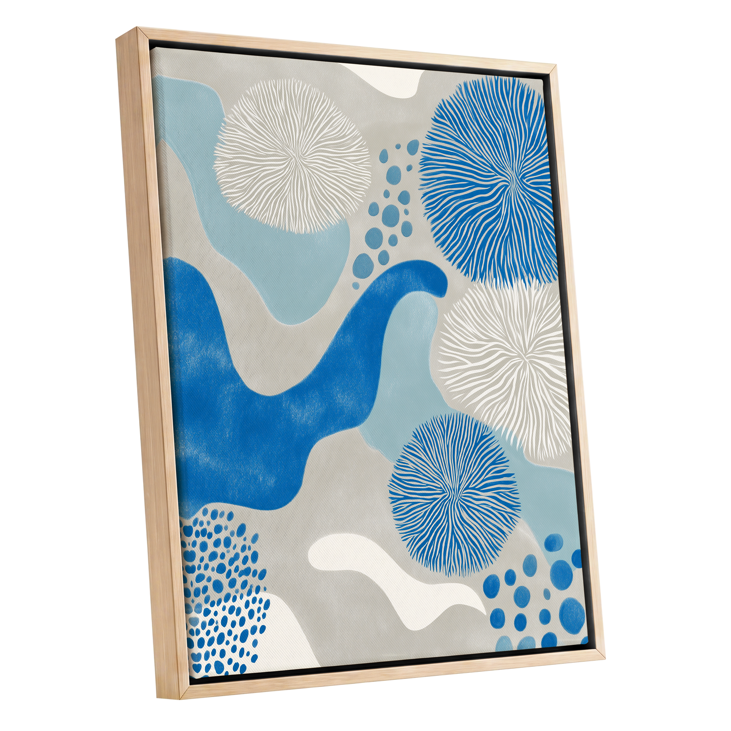 Tidal Bloom, blue, gray, beige nature wall art shown as a oak framed canvas wall art