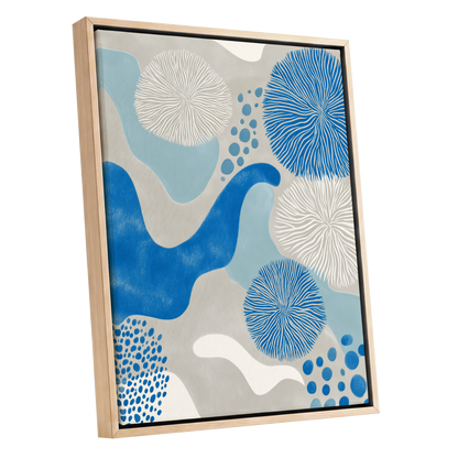 Tidal Bloom, blue, gray, beige nature wall art shown as a oak framed canvas wall art