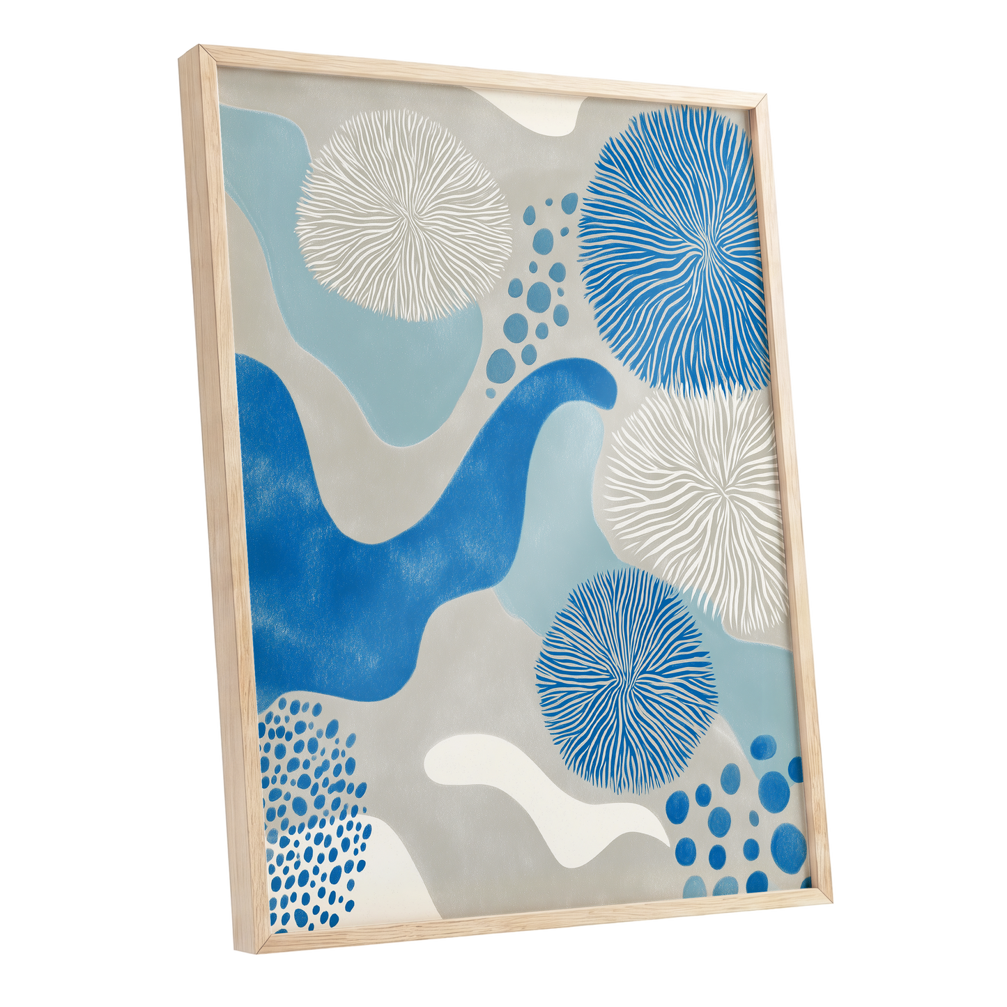 Tidal Bloom, blue, gray, beige nature wall art shown as a oak framed poster wall art print
