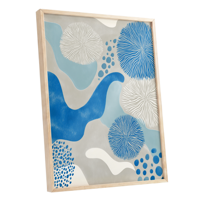 Tidal Bloom, blue, gray, beige nature wall art shown as a oak framed poster wall art print