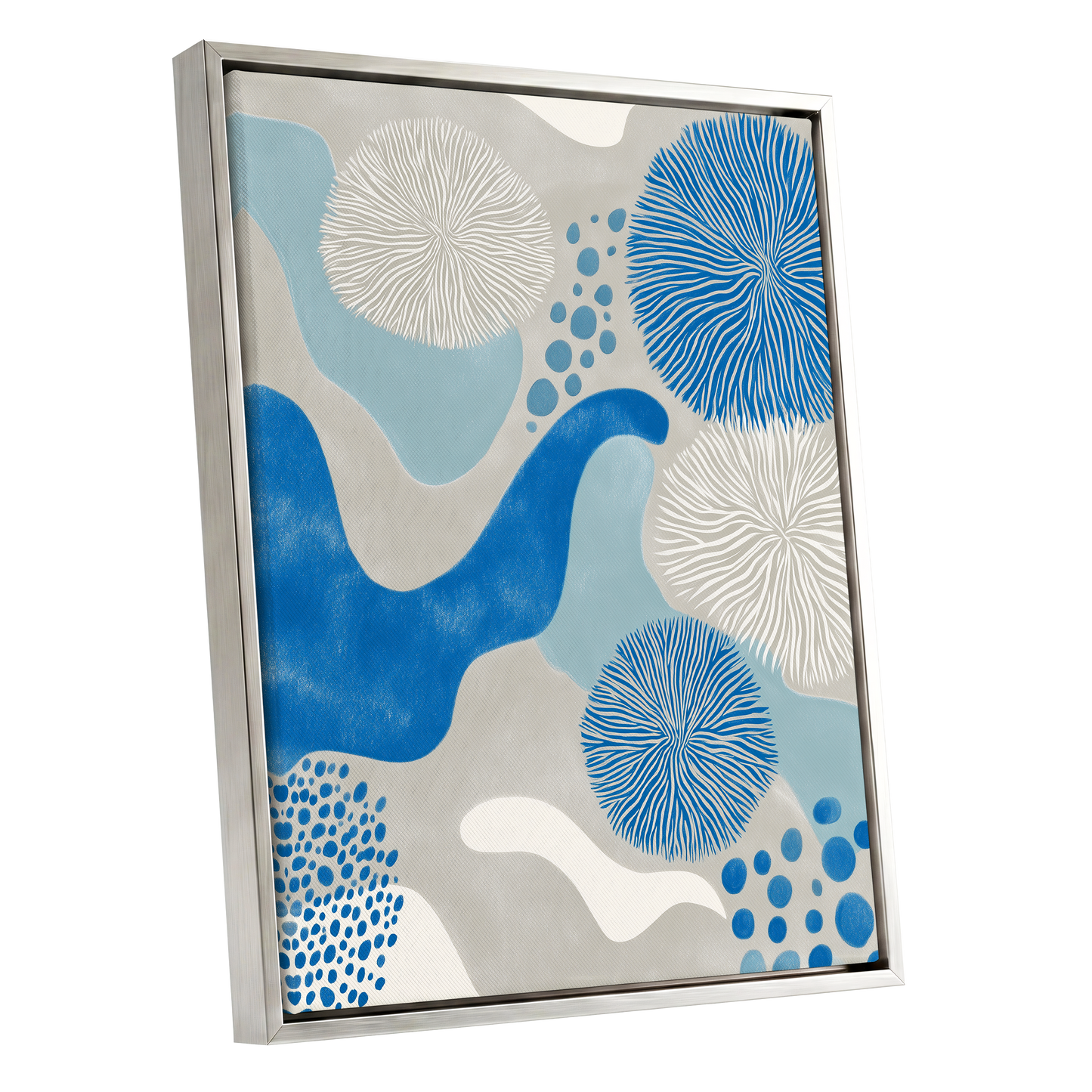 Tidal Bloom, blue, gray, beige nature wall art shown as a silver framed canvas wall art