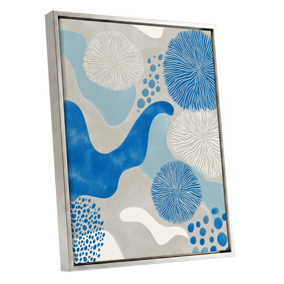 Tidal Bloom, blue, gray, beige nature wall art shown as a silver framed canvas wall art