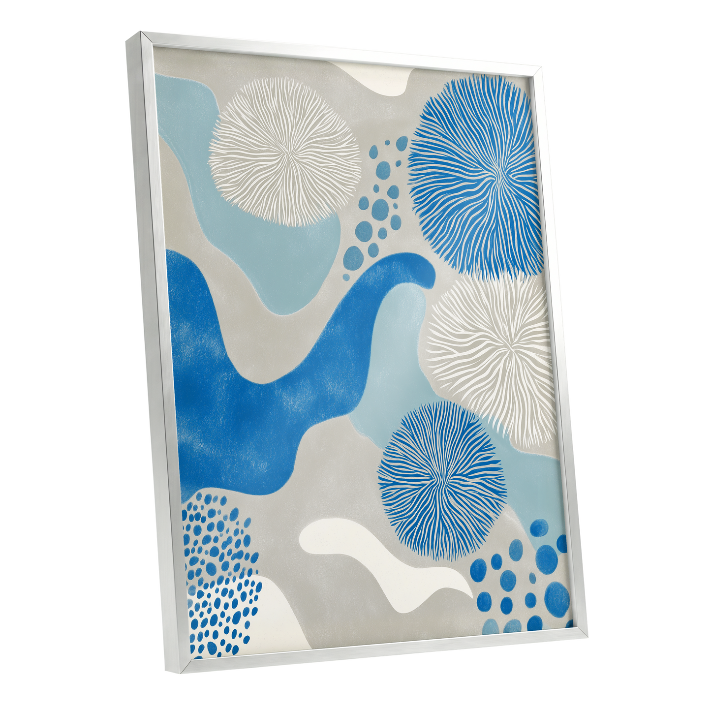 Tidal Bloom, blue, gray, beige nature wall art shown as a silver framed poster wall art print