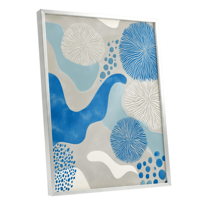 Tidal Bloom, blue, gray, beige nature wall art shown as a silver framed poster wall art print